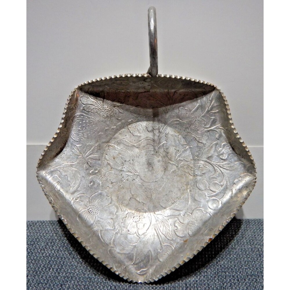 Vintage Embossed Metal Fruit Basket Loop Handle Floral Scalloped Rim